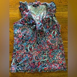 Chaps Red White Blue Paisley Print Ruffle Neckline